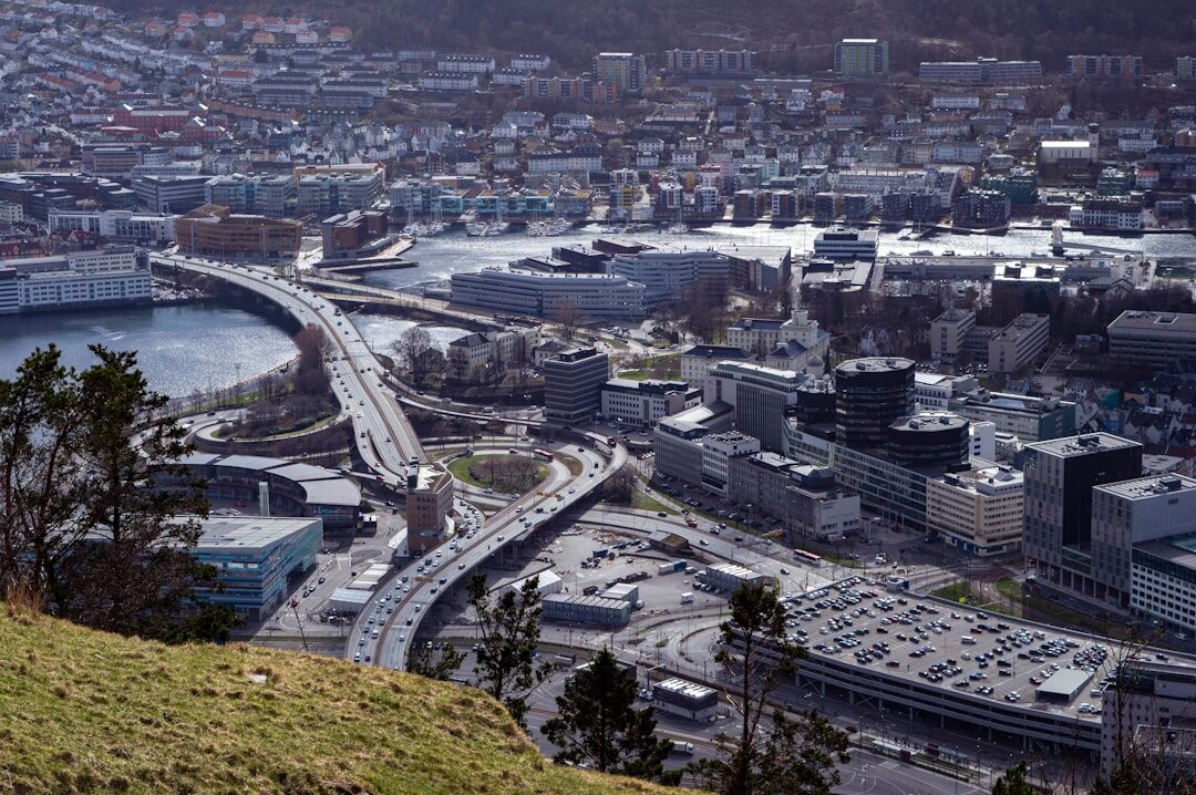 Aerial view of a modern media campus in Norway